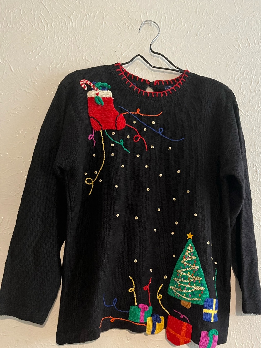 Women’s Vintage Black Sweater with Green Tree, Red Stocking & Multicolor Gifts
